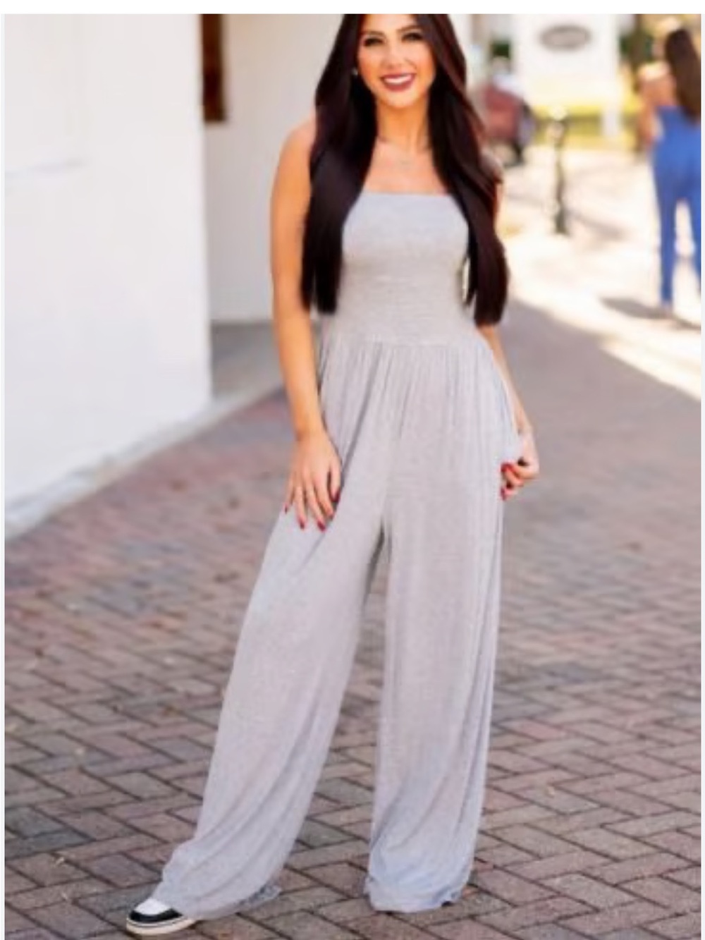 Light Gray Wide-Leg Spaghetti Strap Jumpsuit — Casual Pull-On Romper